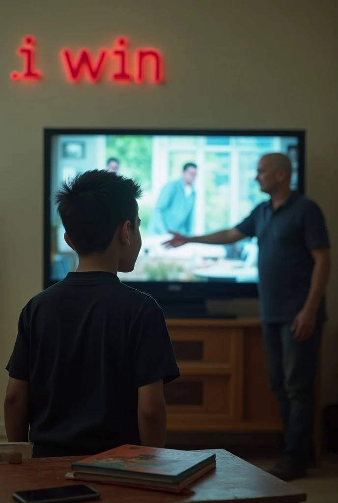 Image of a child turning off the television in his dark room while outside the window we see a beautiful sunny landscape with people playing and playing sports