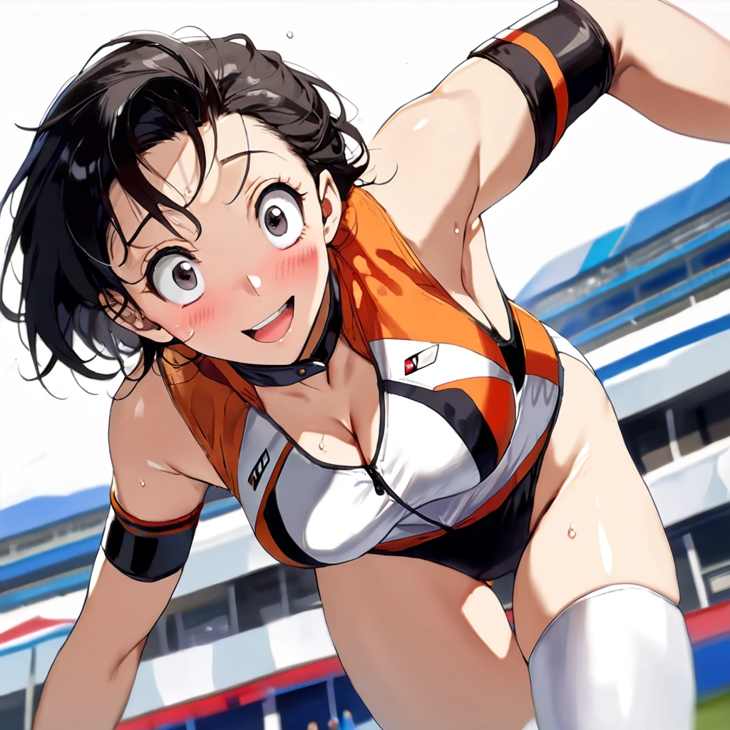 masterpiece, Best Quality, High resolution,16k,super detailed skin, (Videl:1.5),1990s \(style\),C cup beautiful breasts、height: 160cm,Sweating all over the body,athlete Muscular,sexy,1 girl,solo,Anime-style painting style,black short hair,low twintails hair,center parted swept bangs,forehead,boyish,Big eyes、Cool look,Pointed Eyes,(race queen costume:1.5),Muscular,1girl、BRAKE(ahegao:1.2),(Vulgar:1.2),(So stupid:1.1),(orgasm:1.2),happy,smile、Shy、Shyness,Cool look,blush,Anime-style painting style,(closeup),gigantic scale,A composition that shows the full body,cinematic lighting,Superfine,(simple white background:1.5)、(sexy:1.5),Gazing into the distance,, Captivating look, (Amazing views:1.1) ,dynamic angle,sexy pose,