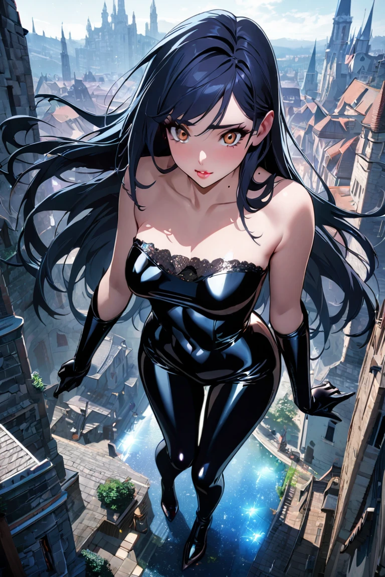 highest quality, masterpiece, attention to detail, realistic, 1 girl, beautiful hands, sexy, whole body, Blissful smile、black leather costume