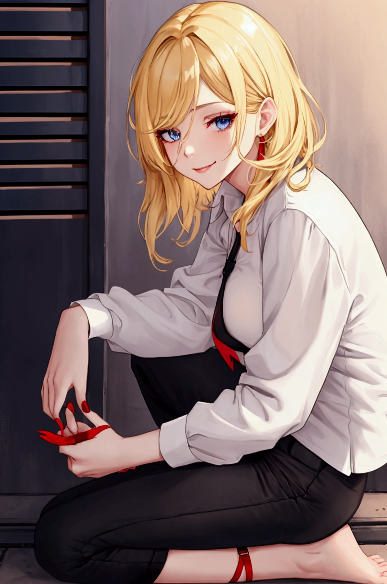 Score_9, score 8_up, score 7_up, high quality, semi realistic, uhd, 1girl, beautiful, short golden blonde hair, very short hair, wavy hair, messy hair, without bangs, very dark blue eyes, eye highlights, fair skin, eyelashes, red eyeshadow, smiling, sparkling, side view, looking at the side, upper body, white button down shirt, raised blindfold, black pants, black shoes, red nail polish, one hand with bandage, night setting, sunny park background, shady, side view, sitting on the floor, anime scene, windy scene