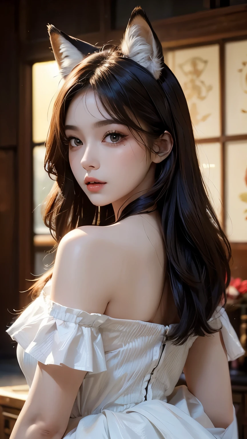 ((Highest quality, 32K)), ((masterpiece)), (Familiar), Perfect Face, Fox Woman, Beautiful woman, public, There is a butt tail, She has a fluffy butt tail, She keeps a fox'tail., She wags her tail, smile, Bell Color, She wears a skirt, Beautiful Hips, Big Breasts, A large butt tail, Her butt tail is sticking out from under her skirt, Spinning on all fours