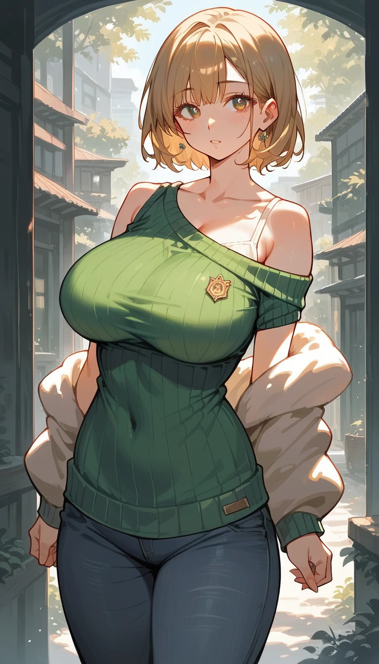 (masterpiece, best quality, ultra-detailed, high resolution, detailed eyes), hinto art style, 1woman, (40 years old), solo, large breast, cowboy shot, standing, voluptuous body, wearing tank top, off shoulder sweater, short hot pants,