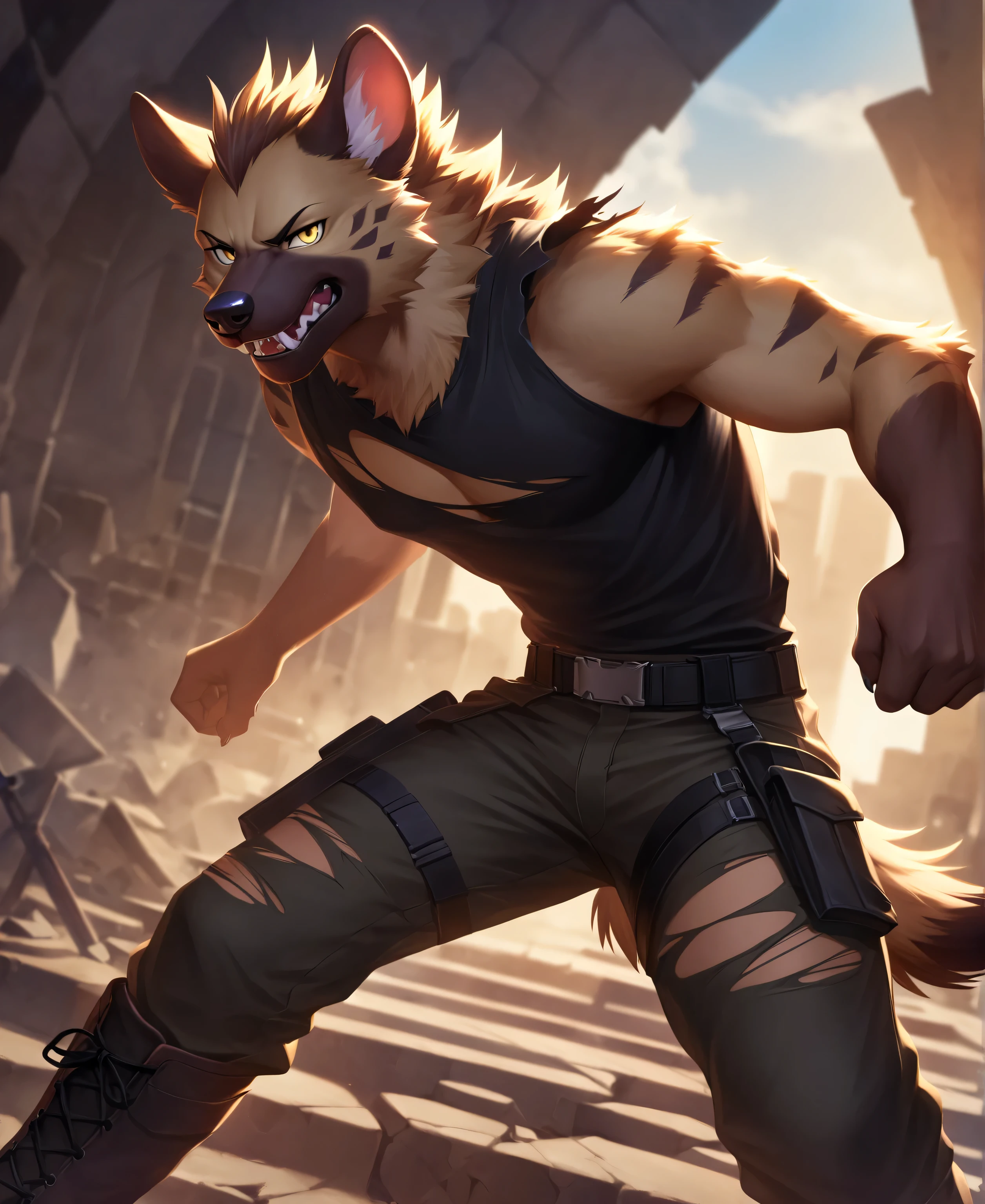 solo,furry,furry male,adult,hyena boy,hyena ears,hyena tail,brown fur,yellow eyes,sharp_teeth,fangs,torn_shirt,torn_clothes,black sleeveless_shirt,black capri_pants,combat_boots,glaring,leaning,leaning_back,ruins,cowboy_shot,close-up,front view,(masterpiece:1.3),(best quality:1.2),(ultra-detailed:1.2),(8k resolution:1.2),highres,original,extremely detailed wallpaper,perfect lighting,(extremely detailed CG:1.2),dynamic composition,realistic rendering,depth of field,digital painting,concept art；