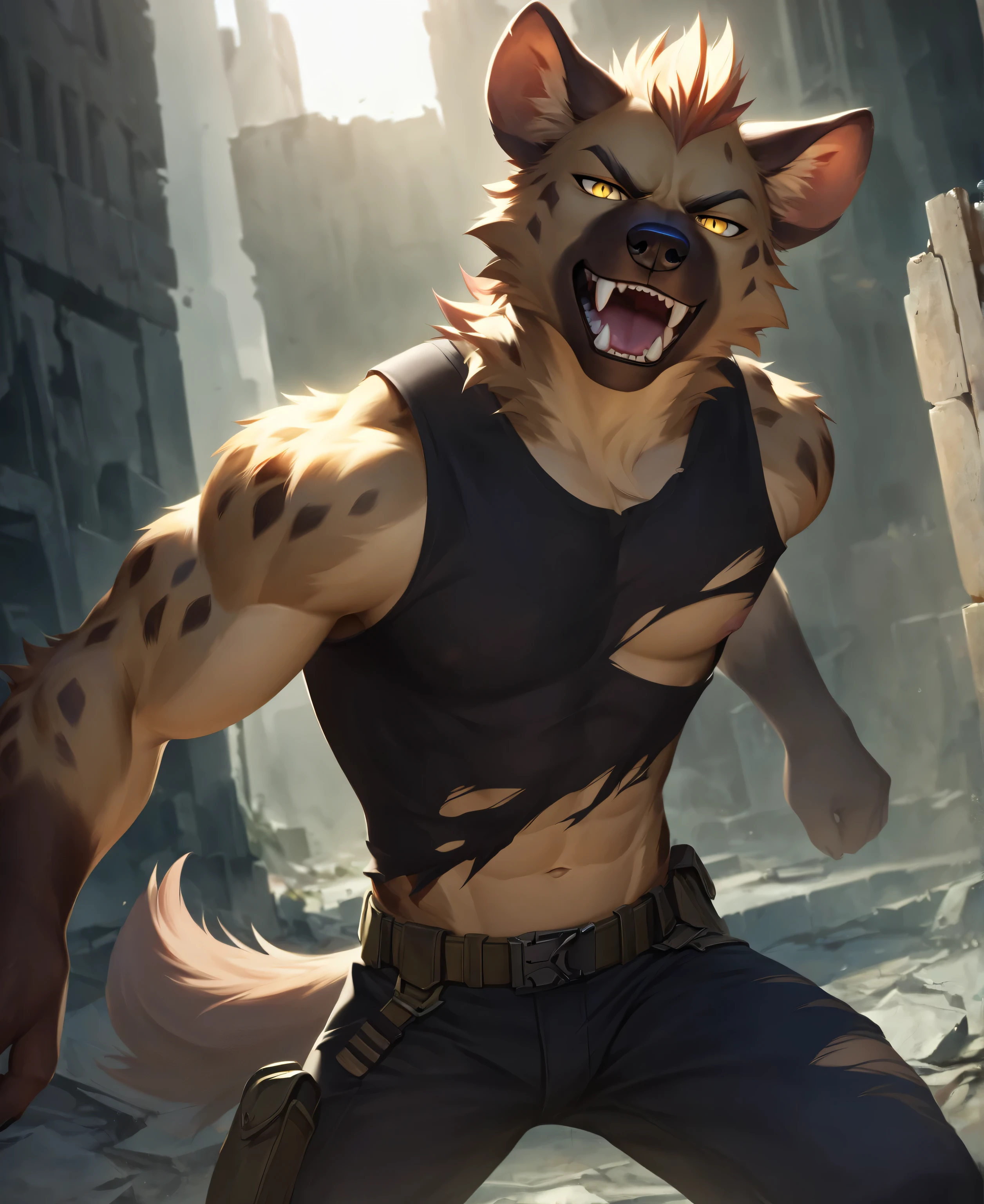 solo,furry,furry male,adult,hyena boy,hyena ears,hyena tail,brown fur,yellow eyes,sharp_teeth,fangs,torn_shirt,torn_clothes,black sleeveless_shirt,black capri_pants,combat_boots,glaring,leaning,leaning_back,ruins,cowboy_shot,close-up,front view,(masterpiece:1.3),(best quality:1.2),(ultra-detailed:1.2),(8k resolution:1.2),highres,original,extremely detailed wallpaper,perfect lighting,(extremely detailed CG:1.2),dynamic composition,realistic rendering,depth of field,digital painting,concept art；