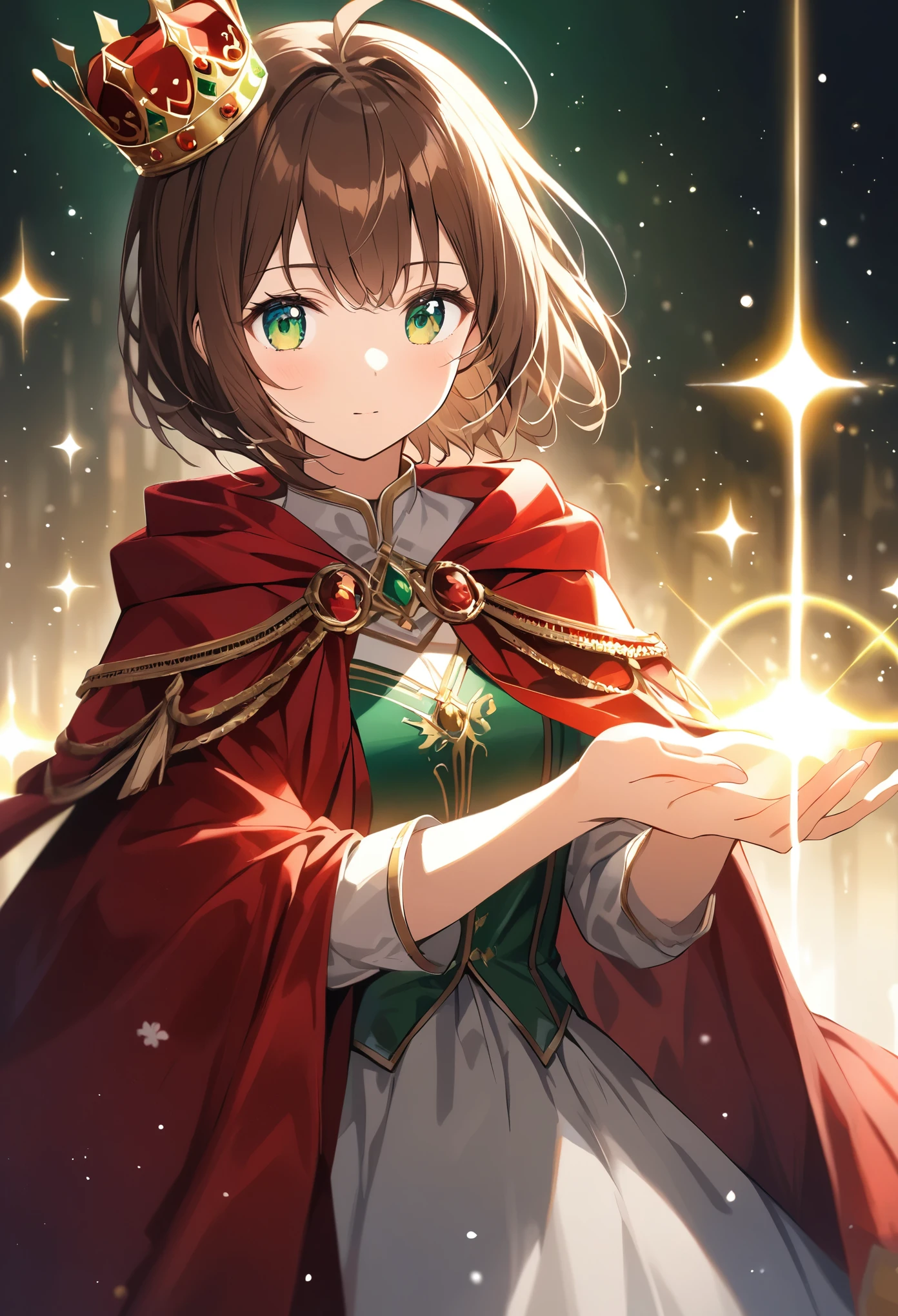  thin and soft painting style、Alone,１ girls,crown、 crowns、 red cloak、Brown Hair、 short hair、Ahoge、Emerald Eyes、Queen、Put one hand forward ,Light effects