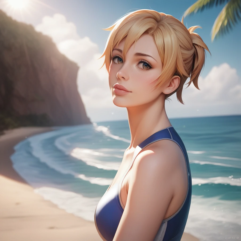 profile、From the side、smile、Blonde Hair、White Bikini Swimsuit、Palm Tree、beach、Spiteful eyes、Blunt bangs、1 girl, 2D CG, Advanced Digital Animation Art, Anime characters