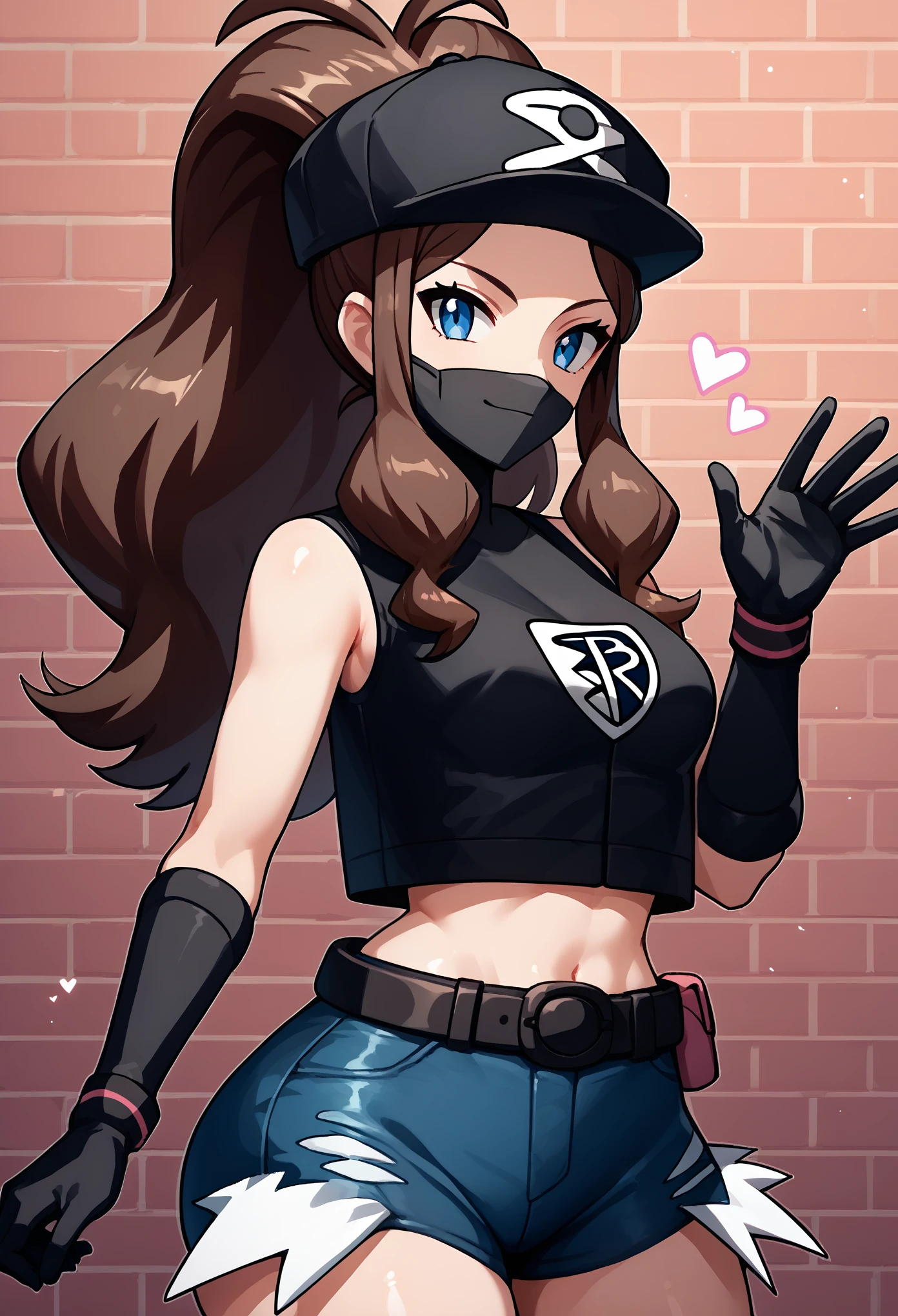 score_9, score_8_up, score_7_up, score_6_up, source_anime, 1girl, solo, ((pmpgrunt)),pokemonhilda, blue eyes, brown hair, long hair, ponytail, black beret, black mouth mask, black vest, grey bodysuit, black belt, black gloves, medium breasts, looking at viewer, (waving hand), empty eyes, mind control, happy trance, seductive smile, heart, hearts,huge ass, legs,cowboy shot,brick wall