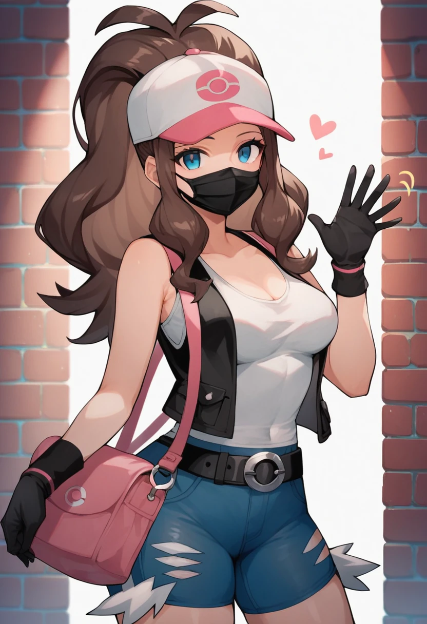 score_9, score_8_up, score_7_up, score_6_up, source_anime, 1girl, solo, ((pmpgrunt)),pokemonhilda, blue eyes, brown hair, long hair, ponytail, black beret, black mouth mask, black vest, grey bodysuit, black belt, black gloves, medium breasts, looking at viewer, (waving hand), empty eyes, mind control, happy trance, seductive smile, heart, hearts,huge ass, legs,cowboy shot,brick wall