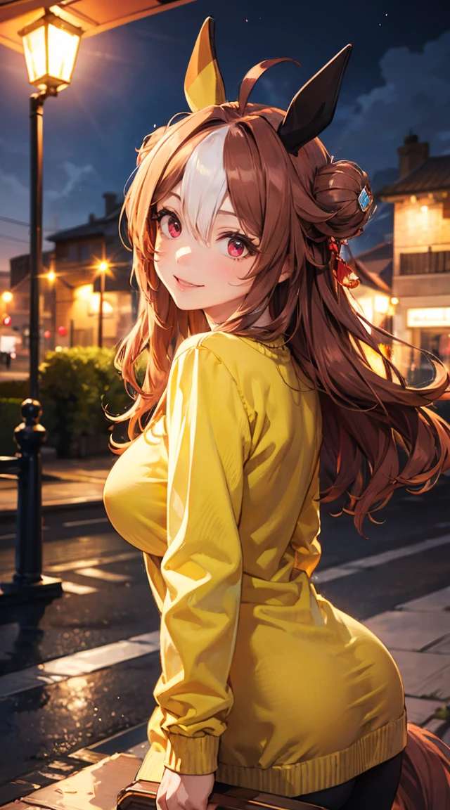  BEAUTIFUL BROWN HAIR GIRL 、 Kopanoricky （Horse Girl）、Horse Girl、Bun Head、 BROWN HAIR LONG HAIR 、Bun Head、very very very long horse ears、、、、セクシー WEARING A YELLOW SWEATER 、very very very big breasts（Big Breasts：9.9） saggy breasts、Swollen breasts、 erect nipples 、 beautiful nipples、  Yellow Ruffled Cashmere Sweater、 WEARING A YELLOW SWEATER 、 pretty cashmere sweater 、Artistic Sweaters , SEXY YELLOW SWEATER 、 Red eyes、Red eyes,BIG RED EYES 、Moist Red Eyes 、Sparkling Red Eyes 、Lively eyes、sexy session standing in front of the station ,  Poses Sexy , she's meeting her beloved in front of the station, In front of the downtown station 、Outdoor、 clock tower in the background 、 meeting place in front of the station 、night、Dim Lights、 cowboy shot,  Premium quality   , Many details, Realistic (Very low cut) 、smile、満面のsmile、恋人に見せるsmile、Flushing、Looks cold、待ち合わせに来たあなたをsmileで迎える