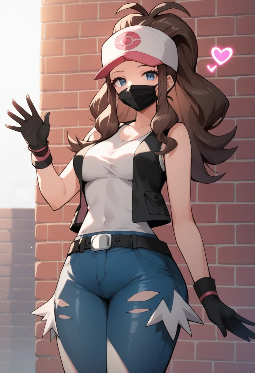 score_9, score_8_up, score_7_up, score_6_up, source_anime, 1girl, solo, ((pmpgrunt)),pokemonhilda, blue eyes, brown hair, long hair, ponytail, black beret, black mouth mask, black vest, grey bodysuit, black belt, black gloves, medium breasts, looking at viewer, (waving hand), empty eyes, mind control, happy trance, seductive smile, heart, hearts,huge ass, legs,cowboy shot,brick wall