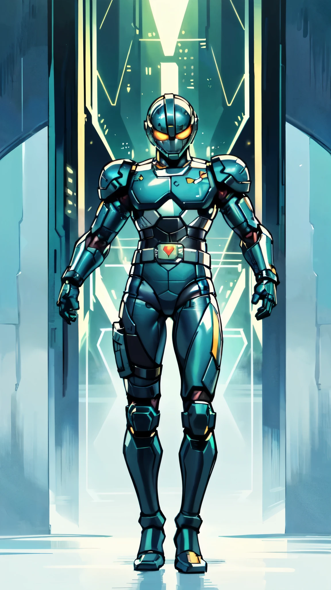 (masterpiece:1.5, best quality:1.5, extremely delicate:1.5), ((male:1.5)), a man wearing a full-face helmet, green eyes, fantasy-style high-tech biomimetic armored combat suit, (a composite layered chest armor), the design balances heavy with agility, fully enclosed shoulder guards, matching arm and leg guards, a belt of gemstone, (the color scheme is primarily Green with White and Blue accents, Organic Biotech, Concept Inspired by Dragonfly, glowing eyes, armor glows, stand of a futuristic sci-fi city), this character embodies a finely crafted fantasy-style armored hero in anime style, exquisite and mature art style, metallic, high definition, highres, ultra-detailed, ultra-fine painting, professional, perfect body proportions, golden ratio, anatomically correct, symmetrical face, extremely detailed eyes and face, high quality eyes, creativity, RAW photo, UHD, 32k, Natural light, cinematic lighting, masterpiece-anatomy-perfect