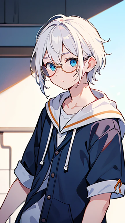 (( A man with white hair and blue eyes)),((I'm wearing white round glasses .)),((I'm wearing something like a white college student. )),bangs, Head between eyes 