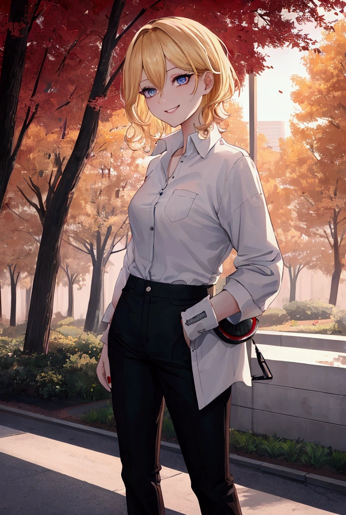 Score_9, score 8_up, score 7_up, high quality, semi realistic, uhd, 1girl, beautiful, short golden blonde hair, very short hair, wavy hair, messy hair, without bangs, very dark blue eyes, eye highlights, fair skin, eyelashes, red eyeshadow, smiling, sparkling, side view, looking at the side, upper body, white button down shirt, tucked in shirt, black pants, black shoes, red nail polish, one hand with bandage, night setting, park background, shady, side view, standing, anime scene, windy scene