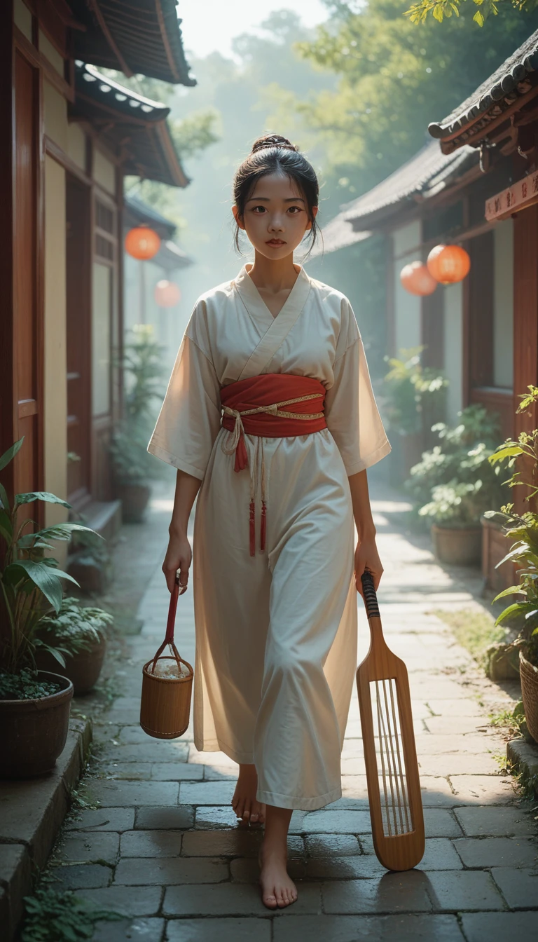 Girl, balinese girl, wearing kebaya, walking on rice paddle, in the morning