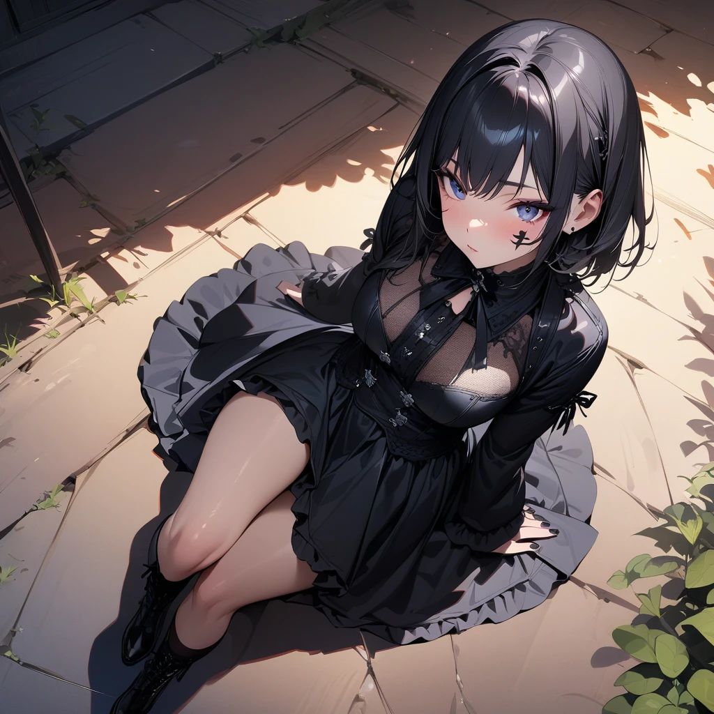 (masterpiece),(Best Quality),(Super detailed),( Best Illustration ),( best shadow ),( absurd),( detailed background),( very beautiful ),  1 girl, Alone, Gothic Lolita , black nail , Blue Nail, facial mark,  nail polish, Thigh length,