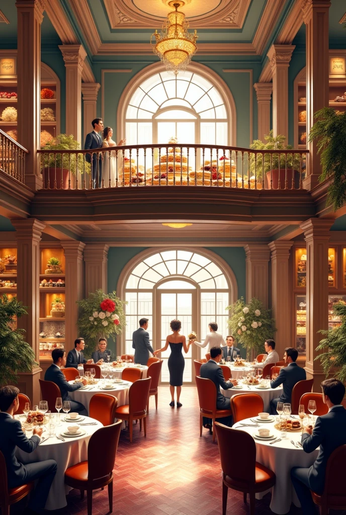 a restaurant, a restaurant в москве, public place, indoors, big windows, luxury, дорогой a restaurant, people have lunch, workers greet guests, Marvel Comics Style, comics