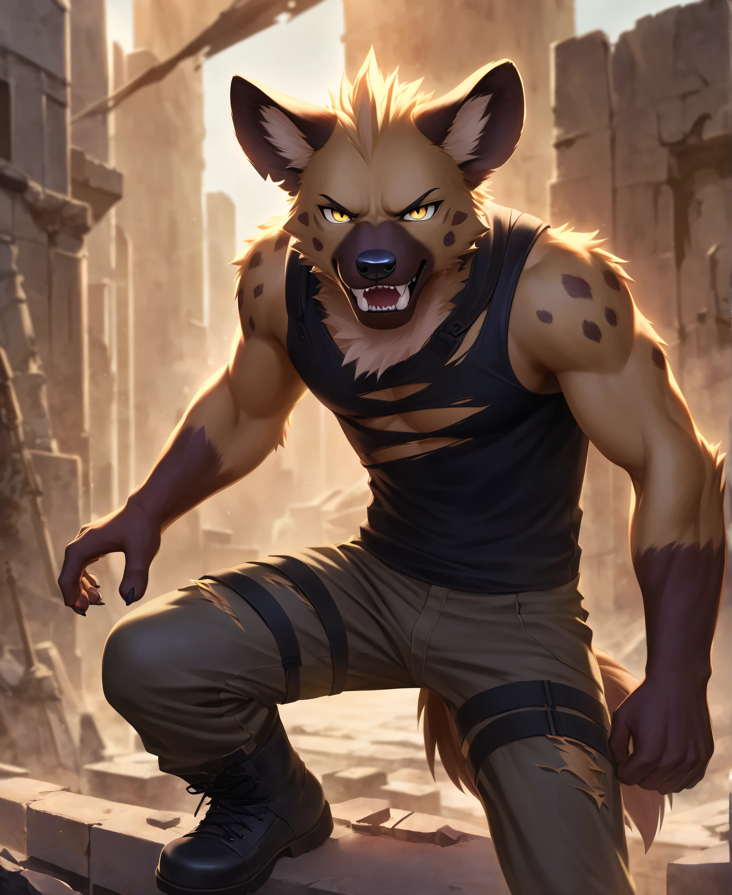 solo,furry,furry male,adult,hyena boy,hyena ears,hyena tail,brown fur,yellow eyes,sharp_teeth,fangs,torn_shirt,torn_clothes,black sleeveless_shirt,black capri_pants,combat_boots,glaring,leaning,leaning_back,ruins,cowboy_shot,close-up,front view,(masterpiece:1.3),(best quality:1.2),(ultra-detailed:1.2),(8k resolution:1.2),highres,original,extremely detailed wallpaper,perfect lighting,(extremely detailed CG:1.2),dynamic composition,realistic rendering,depth of field,digital painting,concept art；