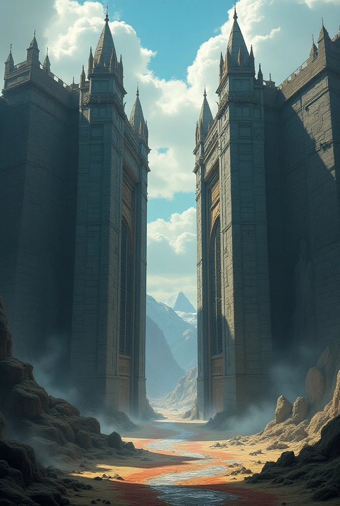 You draw me a two kingdoms, that is, just two giant walls that have giant doors, do not do it so realistic, no, that's fine, but it puts the giant walls but put them facing each other so that there is not much space left between each one and don't forget that in the middle of each wall put a giant iron door
But that's not the way I mean the walls don't look good ok I improve a lot but you can't put it like a giant and long wall for both sides facing the other wall