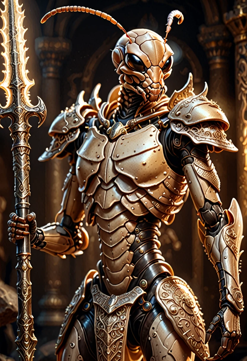 a highly detailed digital painting of a beige-colored ant humanoid warrior, ornate armor, holding a glowing weapon, dramatic lighting, intricate details, cinematic composition, photorealistic, 8k, award-winning digital art