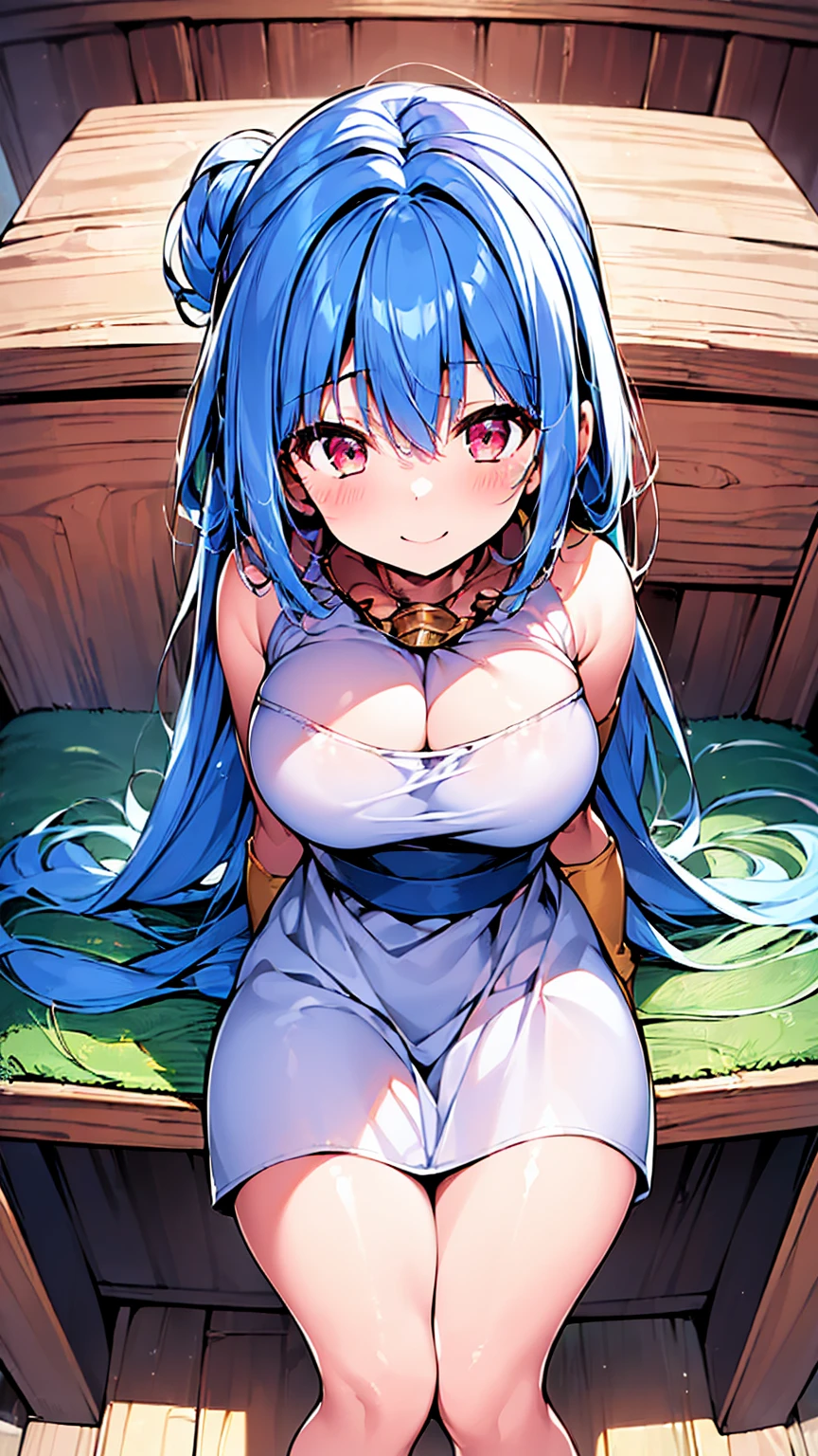 ( best quality, 8k, 32K, masterpiece,  super high definition:1.2), young energetic girl, Petite body, blue hair long hair, dq3 sage,  white skin,  , happy, happy smile, sexual temptation,  huge breasts, Thick legs, Wide legged, Puff puff, Titsfuck