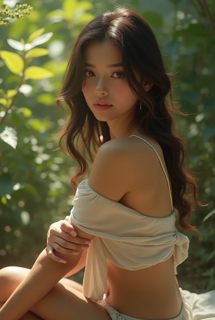 A realistic caricature of a male genital-shaped mushroom, covered in milk, is seen near the trunk of a large tree. Nearby you can see a Korean woman, wearing a black cropped singlet, mini skirt, kneeling, rubbing her neck, head slightly tilted upwards, eyes closed, lips slightly parted.