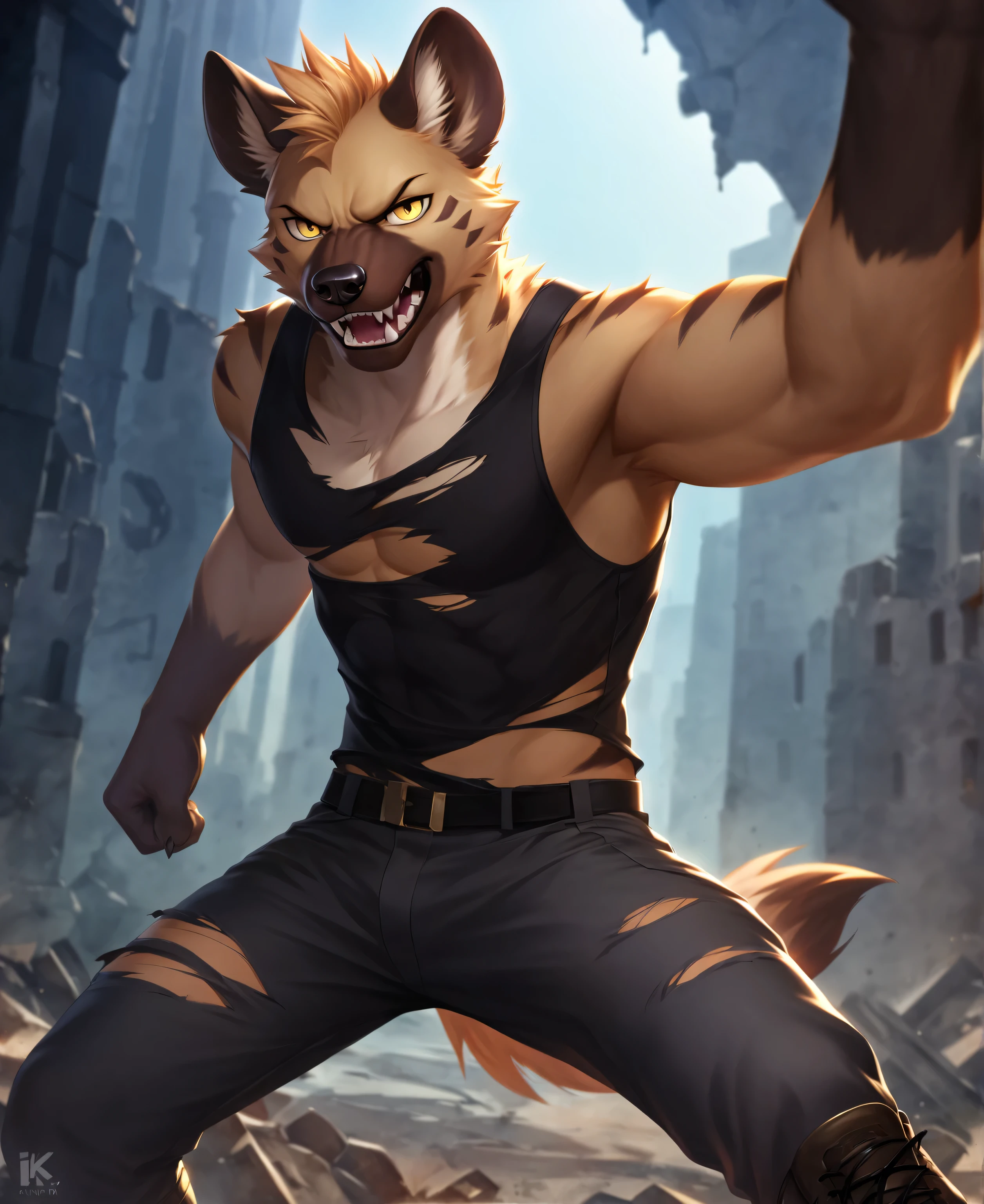 solo,furry,furry male,adult,hyena boy,hyena ears,hyena tail,brown fur,yellow eyes,sharp_teeth,fangs,torn_shirt,torn_clothes,black sleeveless_shirt,black capri_pants,combat_boots,glaring,leaning,leaning_back,ruins,cowboy_shot,close-up,front view,scared,(masterpiece:1.3),(best quality:1.2),(ultra-detailed:1.2),(8k resolution:1.2),highres,original,extremely detailed wallpaper,perfect lighting,(extremely detailed CG:1.2),dynamic composition,realistic rendering,depth of field,digital painting,concept art；