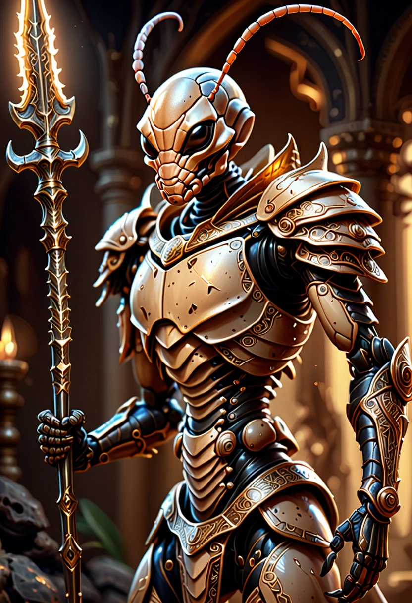 a highly detailed digital painting of a beige-colored ant humanoid warrior, ornate armor, holding a glowing weapon, dramatic lighting, intricate details, cinematic composition, photorealistic, 8k, award-winning digital art