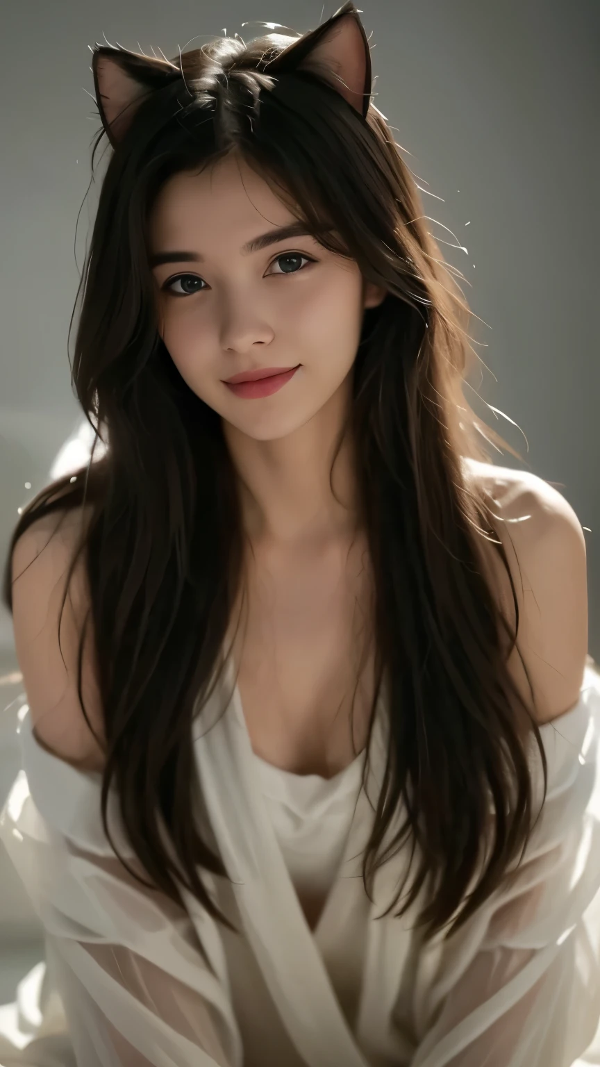 Best quality,masterpiece,Ultra-high resolution,RAW photos, Cat ears,cute,In the light,deep shadow,Low profile,Cold Light,sexy look,Long hair,((best quality: 1.5)) ((masterpiece: 0.8)), Intricate details, Clear focus, professional, real life, Real facial expression, Dynamic poses, ((([Large breasts:0.8])))),Half-length photo,Smile,charming,charming,(Wearing translucent silk)