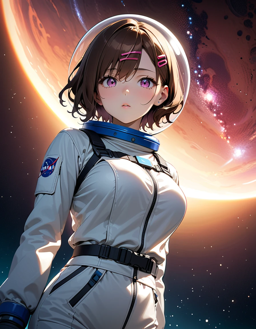 (spacesuit:1.15), white cargo pants, astronaut)bubble helmet, space helmet, gloves , , looking close at you, outer space, floating, masterpiece, best quality, 1girl, beautiful,  image from below, solo, madoka higuchi, brown hair, eyebrows hidden by hair, hairclip, mole, mole under eye, purple eyes, short hair, wavy hair, difficulty breathing, waving, fullbody