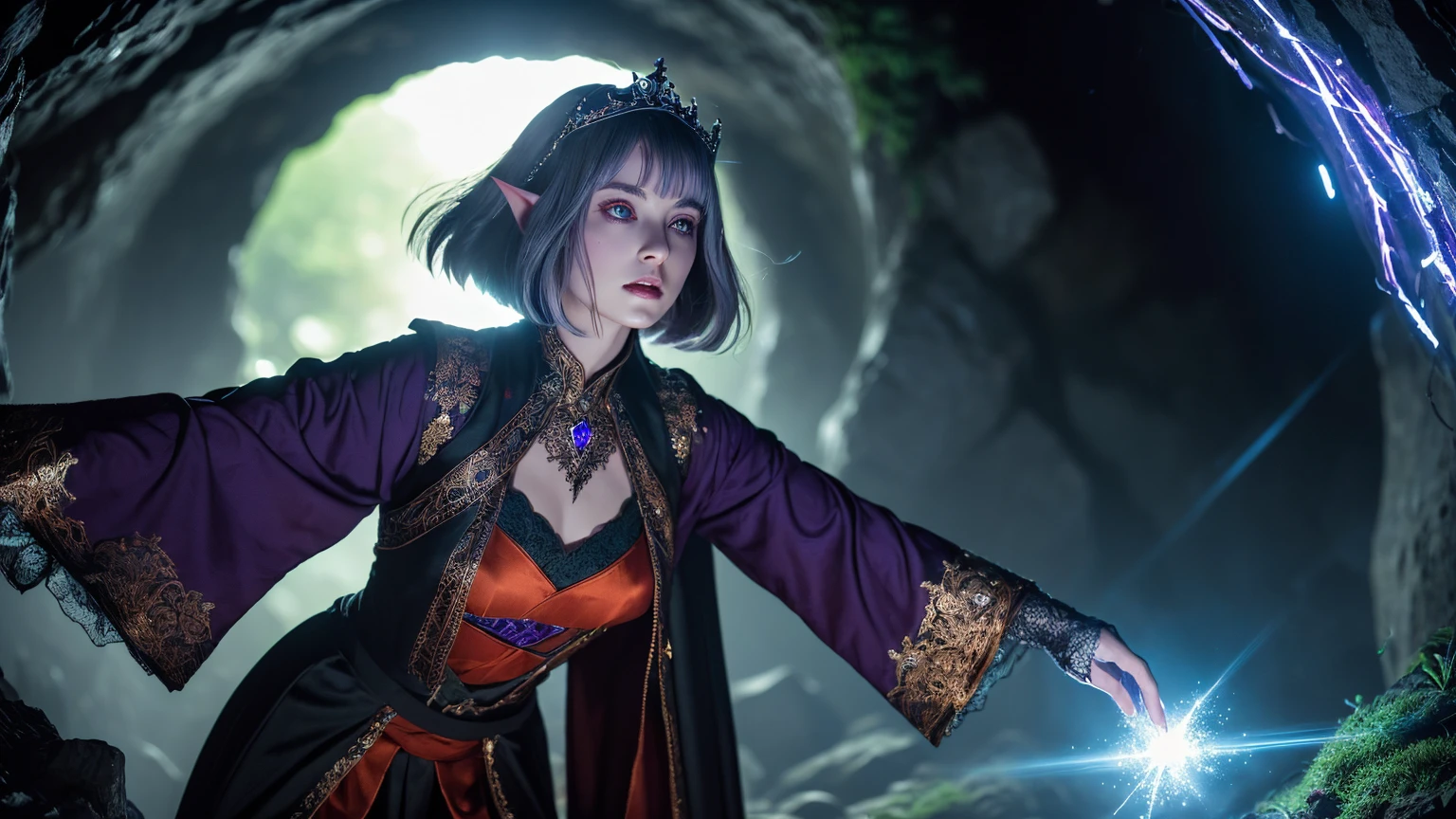 (Ultra-detailed face, looking away, Fantasy Illustration with Gothic, Ukiyo-e, Comic Art, Rich colors),
BREAK
(This is the site of an ancient giant tribe cemetery. A temple made of huge stones stands here. Ivy wraps around the crumbling stone walls and stone pillars.),
BREAK
(DarkElves: A middle-aged dark elf woman with silver color hair, blunt bangs, very long disheveled hair and dark purple color skin, lavender color eyes),
BREAK
(A female dark elf cleric wears armor with a red-bronze breastplate with reliefs and boots decorated with silver crosses.),
BREAK
(MagicCircle: The dark elfess cleric kneels on the ground in the center of a concentric circle of blue-white magic circle, her hands pointing to the sky, attempting to communicate with the deity. Around her, particles of green light are flying in a trail.)
