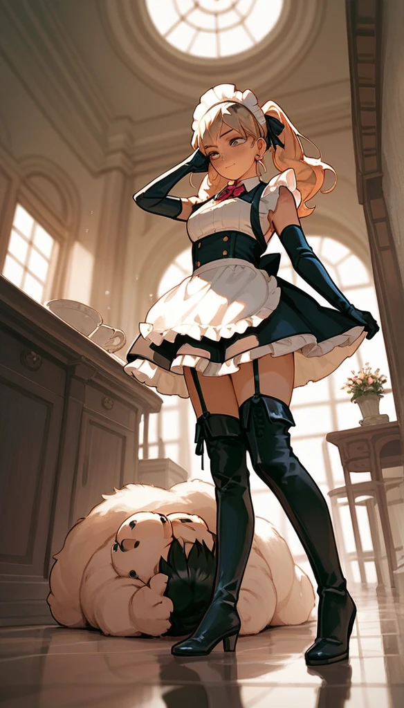 Anime Women, Maid, thigh boots, elbow gloves, raised leg, Stomping of feet on face, step on face, looking down, throw