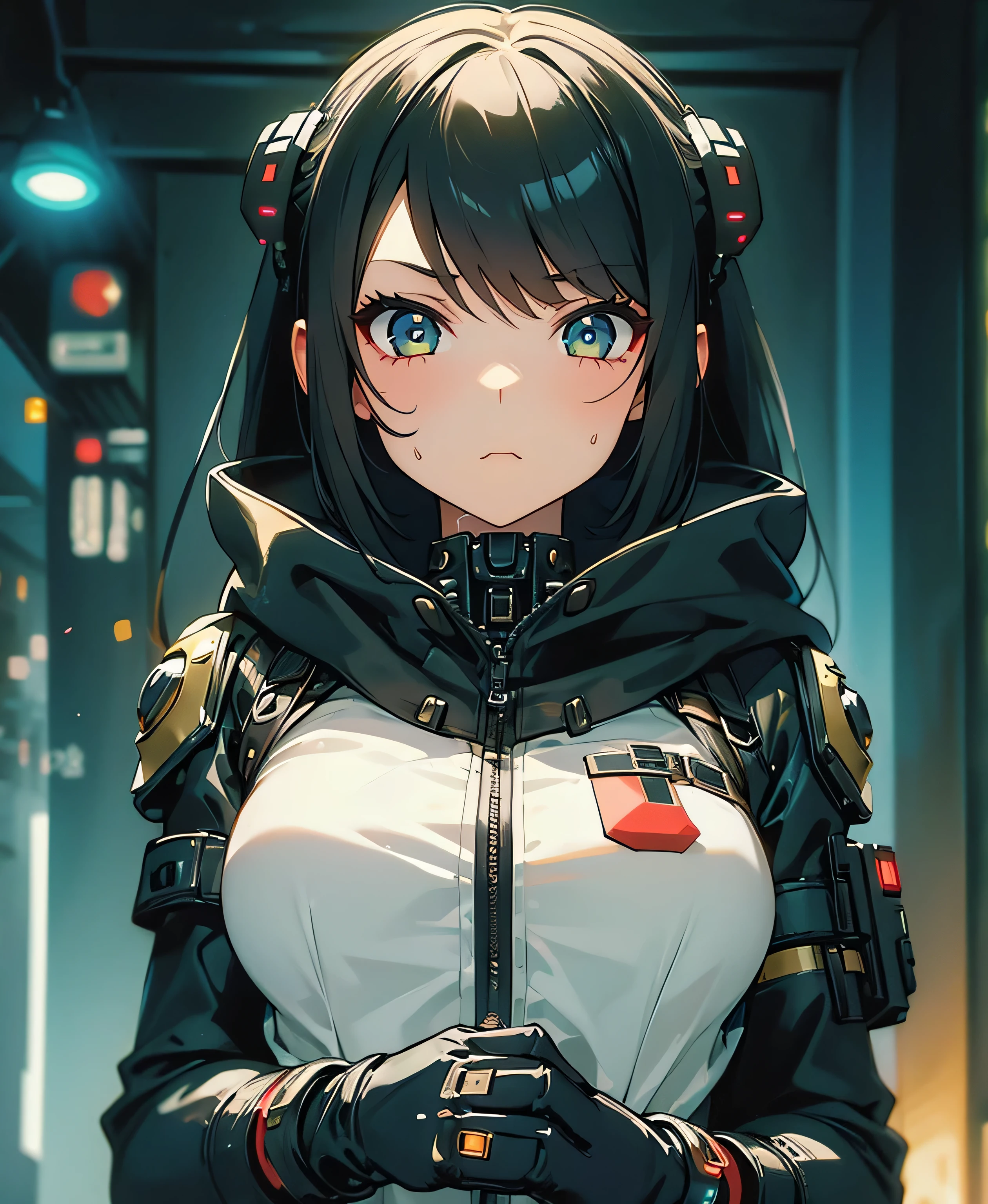 anime girl with a chainsaw and a gun in her hand, cyberpunk art by Shitao, pixiv contest winner, auto-destructive art, oppai cyberpunk, thicc, heavy detailed, (sfw) safe for work, heavy looking, biomechanical oppai, giantess art, badass anime 8 k, thicc build, highly detailed giantess shot