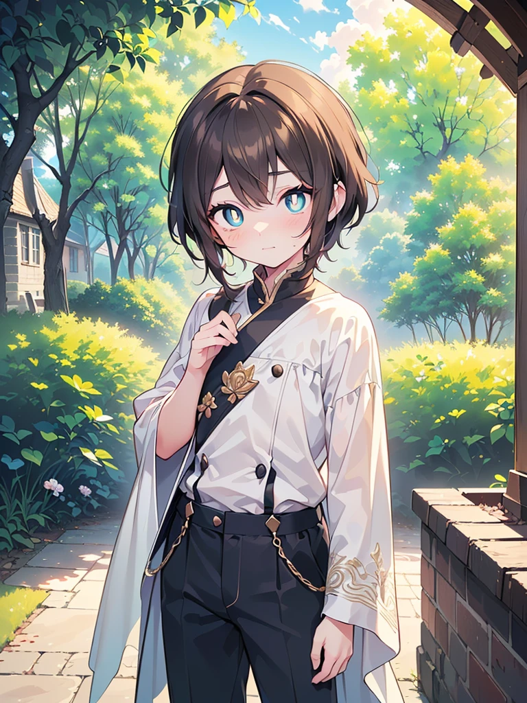 (makes an aesthetic,Master piece,Best Quality:1.5,all detailed,ultra detailed,extremely detailed CG unity 8k wallpaper,intricate details,watercolor:1.4),((1boy:2,solo:2,6year old,pretty boy:2,beautiful boys:2)),((very short hair:2,beautiful light brown hair:1.6,emerald green eyes:2,perfect eyes:2,bright pupils:1.1, white pupils:1.1,round eyes:1.6,anime eyes)),(white skin,shy:1.3,embarrassed),fantasy world,in the noon,castle,((aristocratic costume:1.4, royalty:1.6,prince:1.2,pants))