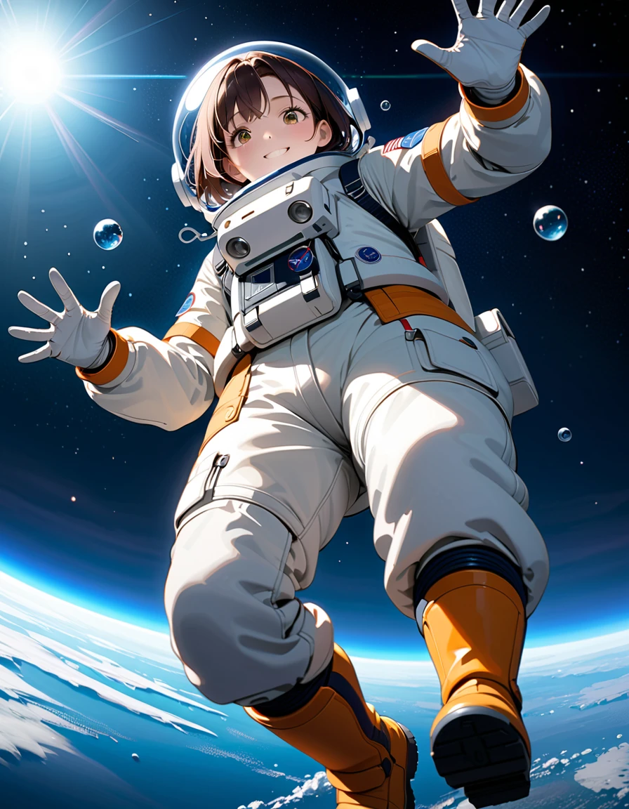 (spacesuit:1.15), white cargo pants, astronaut)bubble helmet, space helmet, gloves , , looking close at you, outer space, floating, masterpiece, best quality, 1girl, beautiful,  image from below, solo, , asakura tooru, smiling, difficulty breathing, waving, fullbody