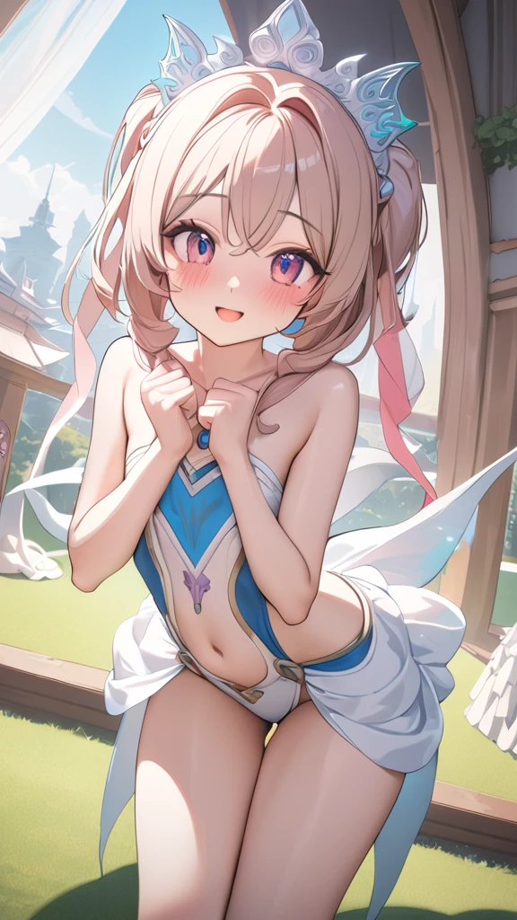Super detailed,(highest quality),((masterpiece)),(High resolution),very,barbara, 1 girl, dress, alone , twin tails, chest, armpit, white dress, blush, looking at the viewer, raise your arms, bare shoulders, Book, water droplets, twin drill, smile, frilled dress, have, bow, white background, strapless, frills, closed mouth, simple background, strapless dress, Removing the collar, white hat, vision (genshin impact), long sleeve, , latin cross Pussy masturbation Completely naked spread legs Toro face 手をPussyに入れる