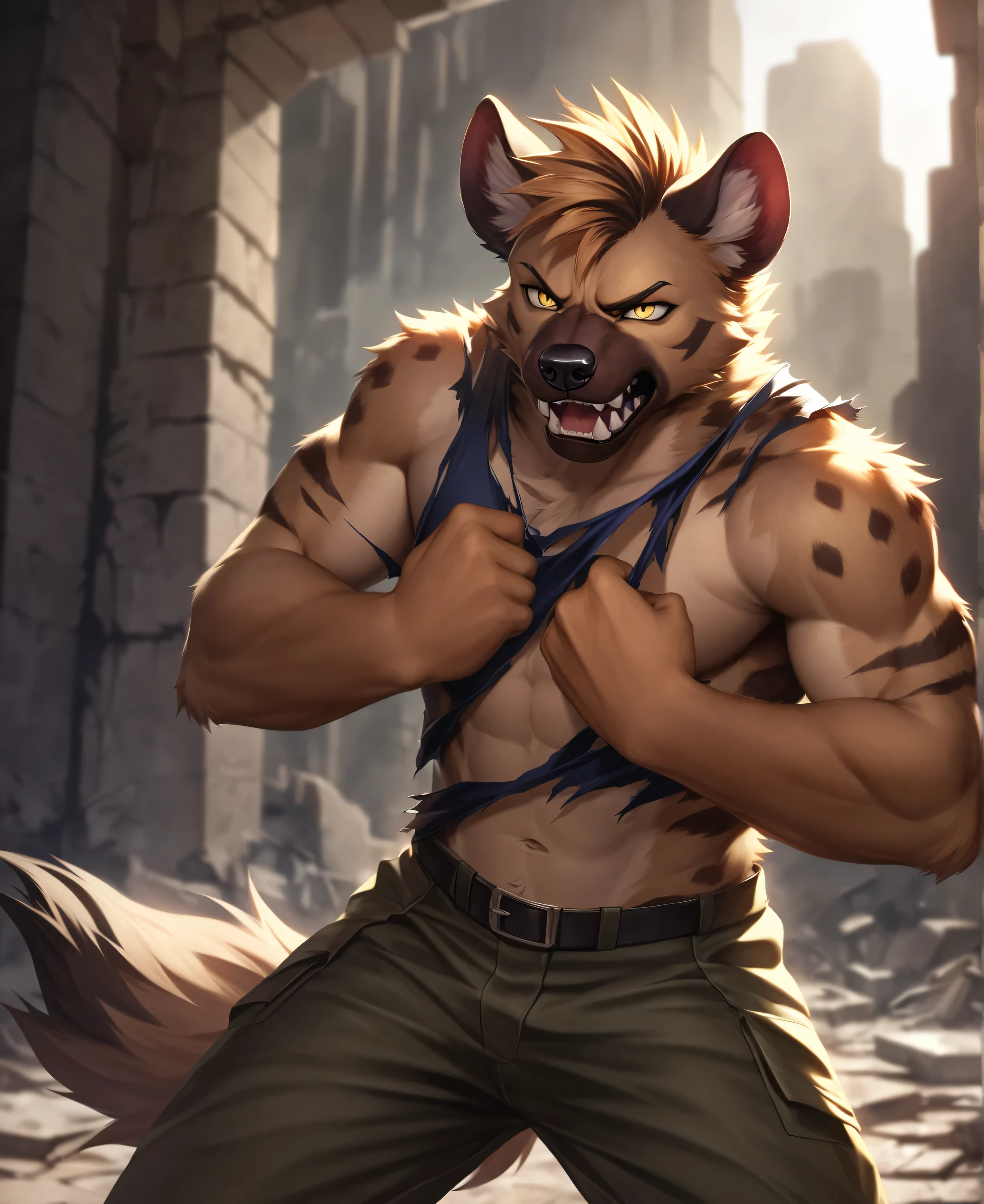 solo,furry,furry male,adult,hyena boy,hyena ears,hyena tail,brown fur,yellow eyes,sharp_teeth,fangs,torn_shirt,torn_clothes,black sleeveless_shirt,black capri_pants,combat_boots,glaring,leaning,leaning_back,ruins,cowboy_shot,close-up,front view,scared,(masterpiece:1.3),(best quality:1.2),(ultra-detailed:1.2),(8k resolution:1.2),highres,original,extremely detailed wallpaper,perfect lighting,(extremely detailed CG:1.2),dynamic composition,realistic rendering,depth of field,digital painting,concept art；