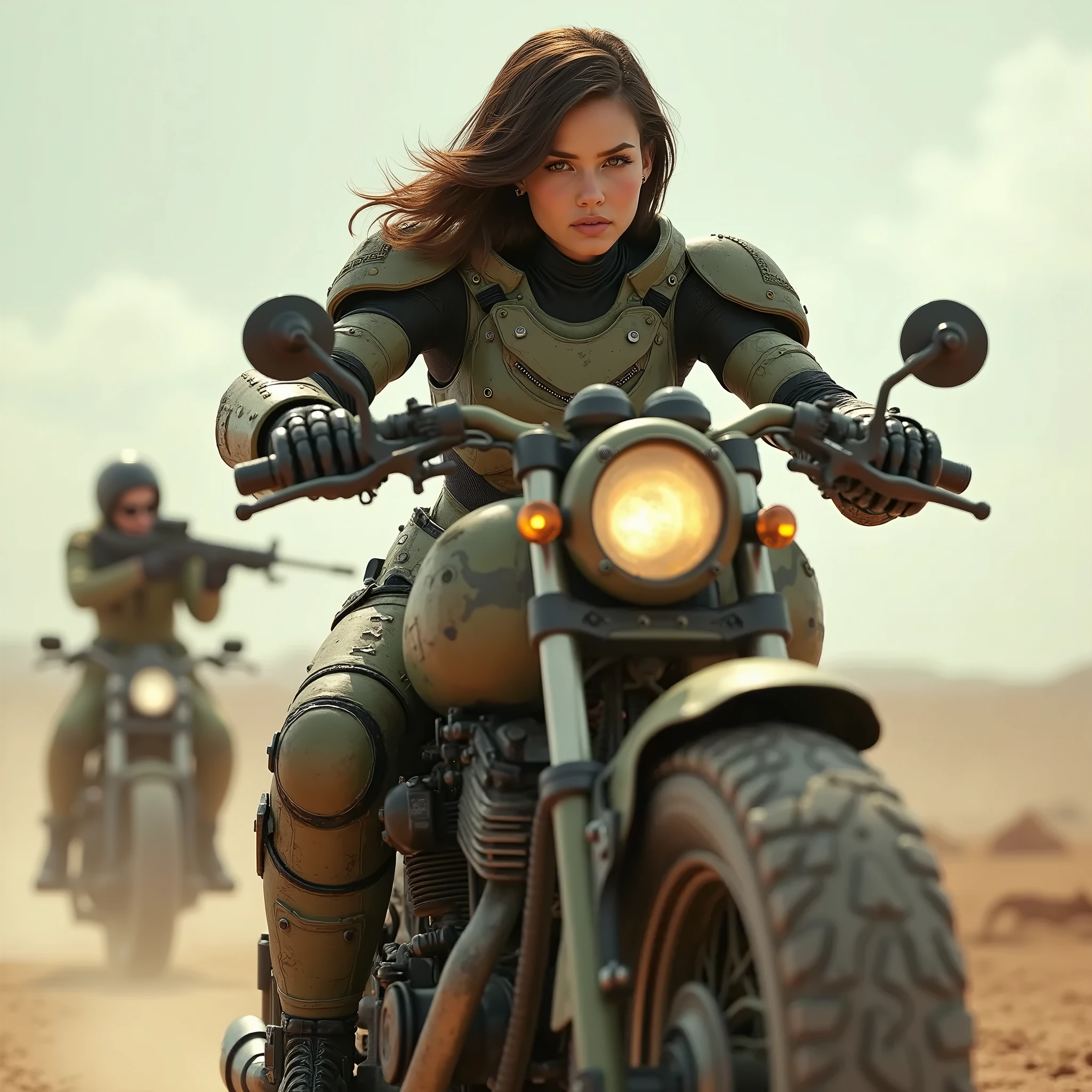  very wide frame,   screen from the feature film , 16 thousand.,  perfect anatomy of body proportion ,  Action,   Dynamic composition with a sense of speed and dynamism  , ( Rides a heavy armored off-road vehicle military motorcycle with a gun :1.6), woman 18 years old,  perfect beautiful gentle sexy face ,  perfect beautiful tender eyes ,  brown hair ,  short hair bob ,  middle chest ,  camouflage robotic heavy armor , Full armor, Power suit,  Large camouflage robotic heavy armored steam engine, Full armor, Power suit женщины-снайпера со стрельбой на заднем плане, Flying bullets, A lifeless deserted battlefield , semi-desert , war,   post-apocalypse ,(Film style "mad max")photorealism