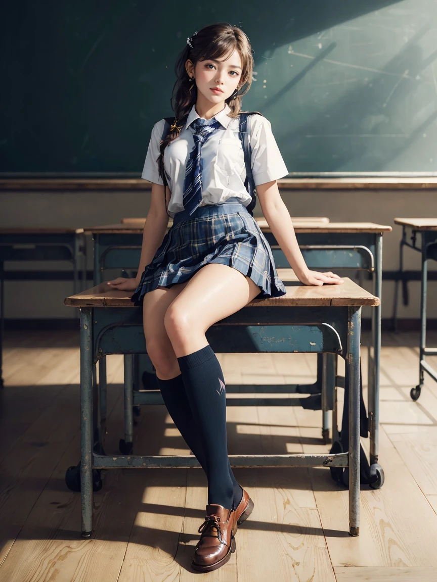 (Masterpiece, Best Quality, the most important work:1.5), (stunning school girl:1.5), the most beautiful school girl in the world, full body, highly detailed beautiful face and eyes, loving look, school tie, knee length pleated skirt, tartan check skirt, school knee-high socks, loafers, perfect anatomy, school