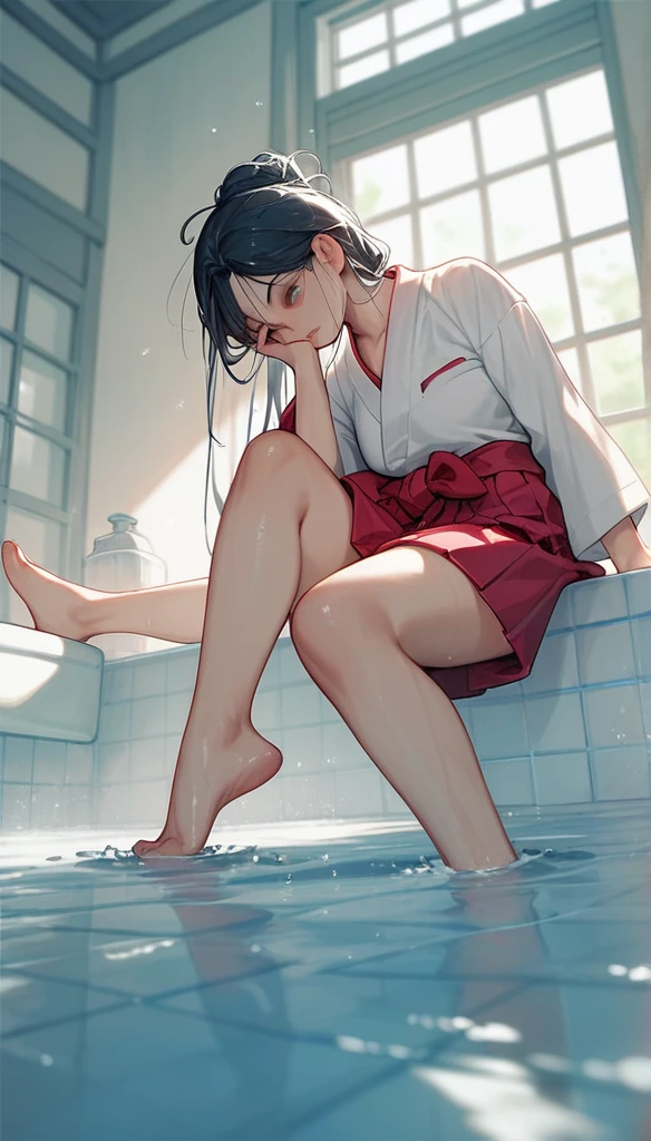 Anime Women, Hakama, barefoot, raised leg, Stomping on face, looking down, Being stepped on and having your head pushed under the bath water,Drowning