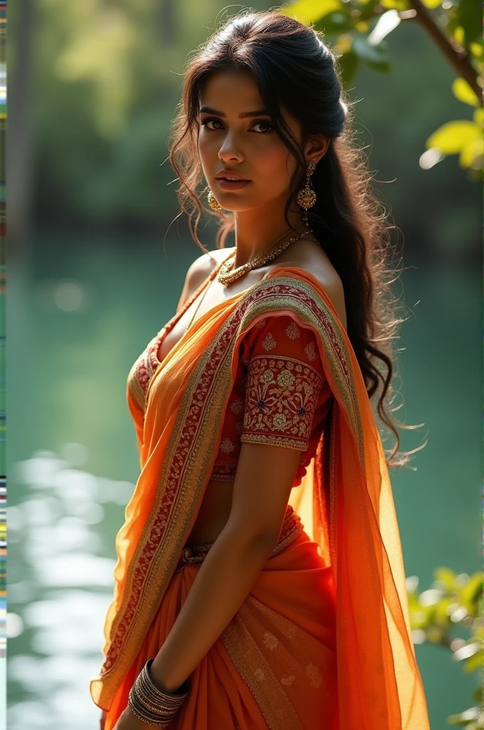 Generate a beautiful girl wearing a faishonable saree in a beautiful background