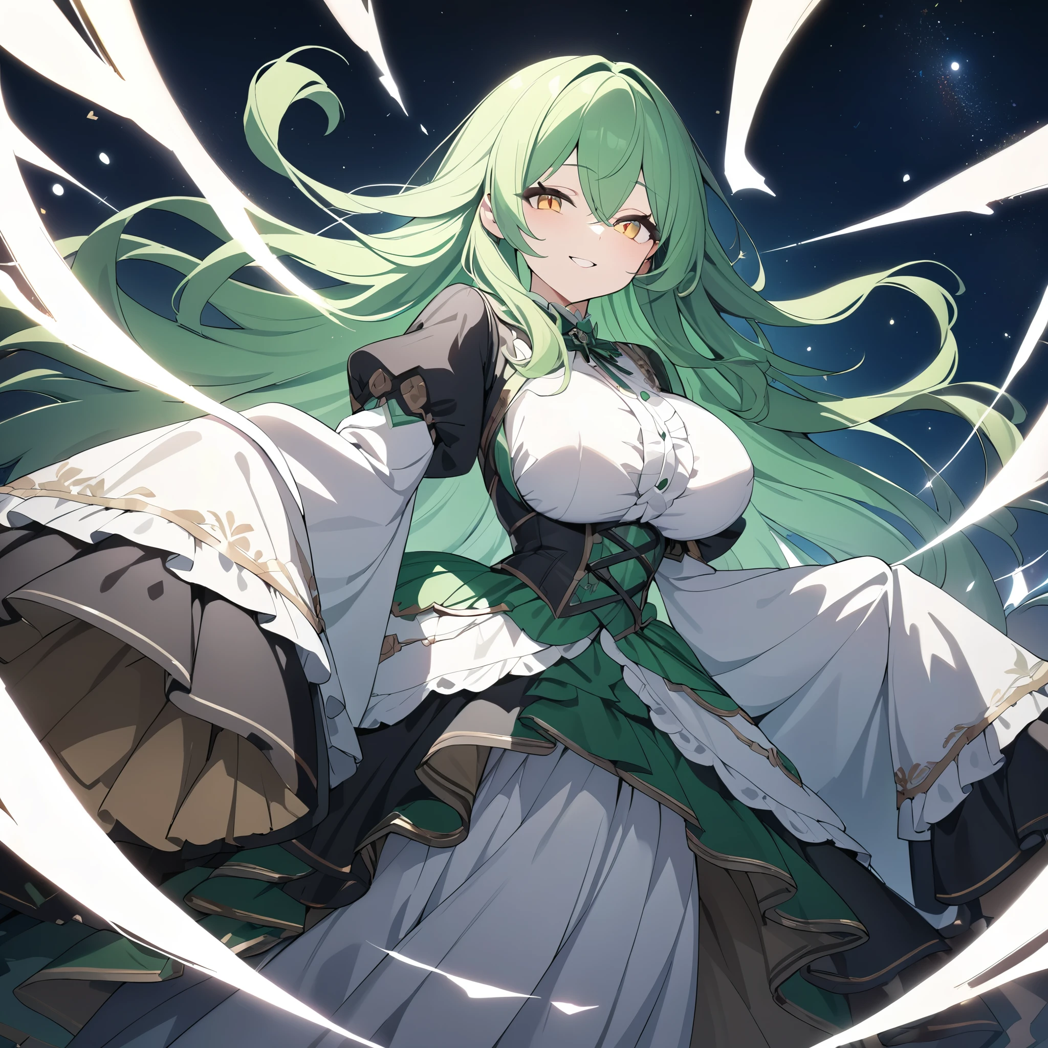 (high detailed)) 27 yo's woman, light cyan hair, green Pandora's clothes,big And round breasts, gorgeous thicc plump body,angry expression,furious eyes,Green satellizer's outfit,Very long skirt, holding handblade, dynamic pose, action position, mouth opended, perfect anatomy