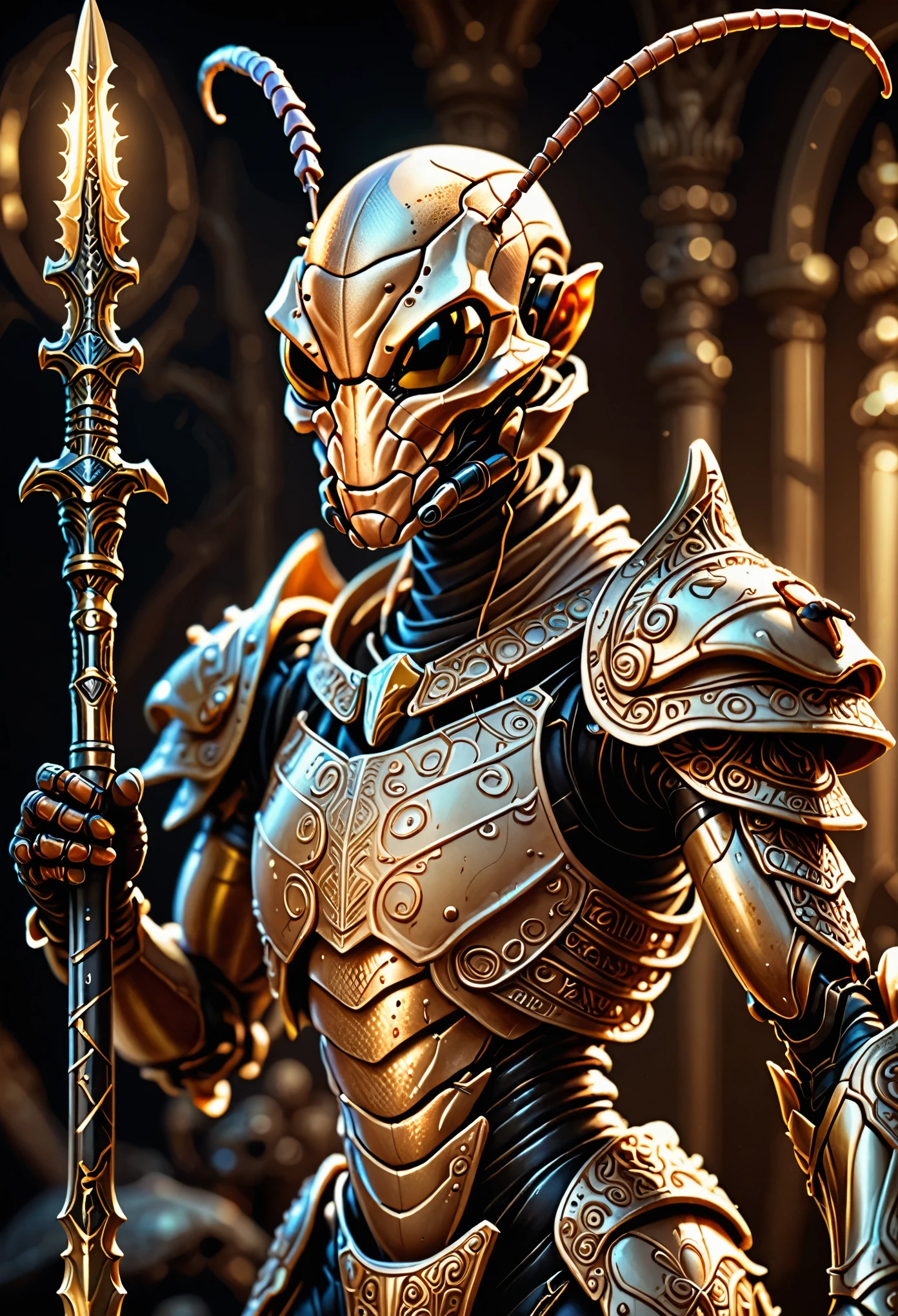 a highly detailed digital painting of a beige-colored ant humanoid warrior, ornate armor, holding a glowing weapon, dramatic lighting, intricate details, cinematic composition, photorealistic, 8k, award-winning digital art