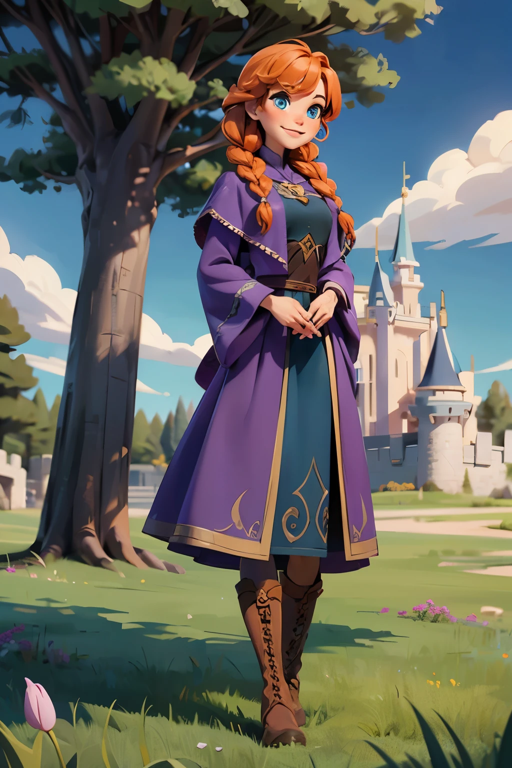 DisneyAnna,Orange hair color , Double braids,  blue eyes , Purple Robe,Blue dress, Boots,  long and smooth blond hair {x}, smile, standingFull Body Image , outside, grass, winter, tree, castle,  sky blue ,  measurements,  masterpiece , 