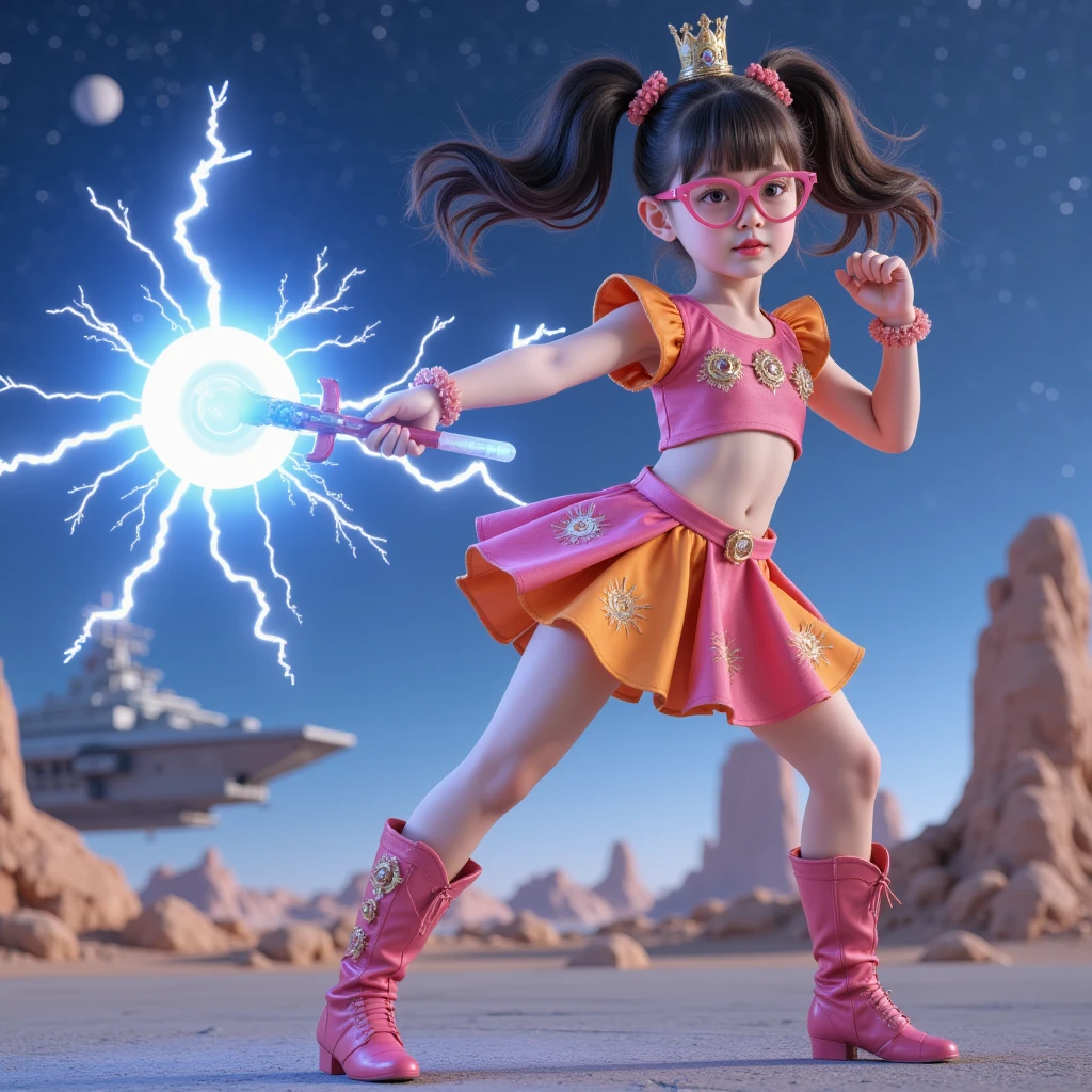 1 Girl,  alone, Realism， Lightning energy  ，Electricity Elements，Twin ponytails， wearing a crown ， wearing heart-shaped glasses ， blue highlight lightning ， wearing a bright pink and orange dress，High heel boots， ， starry sky background ，Galactic battleship，Fighting Stance，explode， best quality，original，whole body， Realism风格，3d character rendering，  holding an electric love stick with C4D and Blender  ，Precise，， super detailed，  anatomically correct  ，masterpiece,