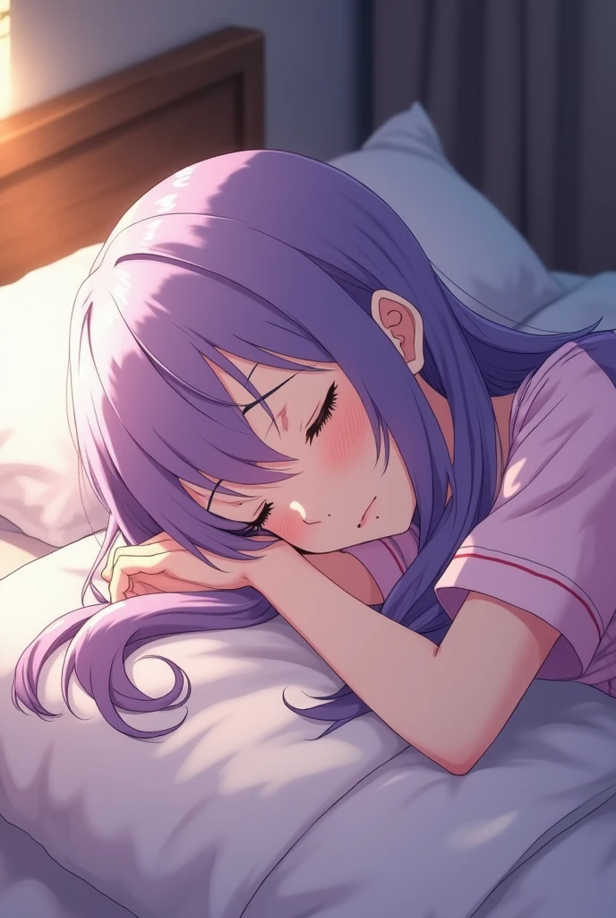 Anime girl lying in bed in purple dress and purple hair, Smooth Anime CG Art, Holo, visual novel cg, Seductive Anime Girl, nightcore, closeup Iwakura Lain, iwakura lain, Anime visuals of cute girls, ; visual novel, sayori, ethereal anime, visual novel, けもの, anime moe art style