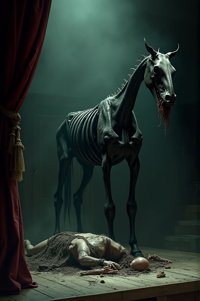 (photorealism:1.2), dead horse shot dead with a gun. Clearly visible bullet entry wound. And a lot of blood from blood loss. The horse lies on the side. And you can see the statlions pennis. The eyes are closed. And the head lies on the ground. You see the belly facing the camera.