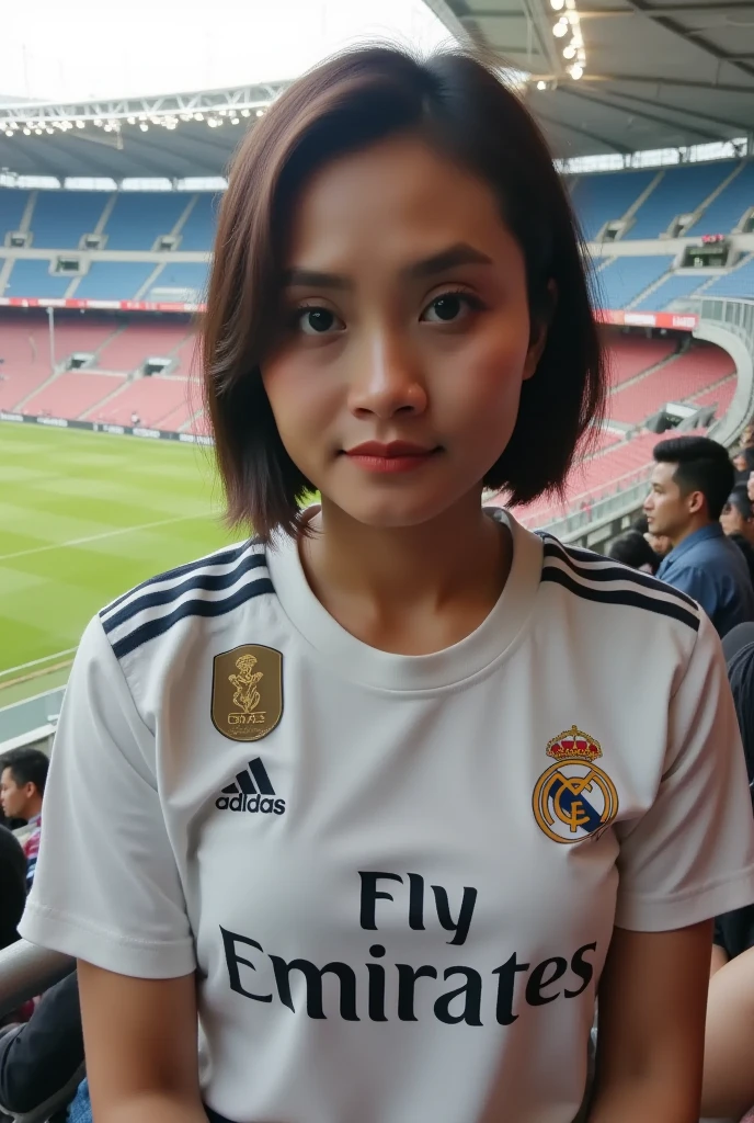 ultra realistic, photography, 8K, cinematic, a beautiful woman with short hair bob, wearing a real madrid jersey. she is a supporter. She is in the stands of the Santiago Bernabeu Stadium. the background is the stadium's football field from above, at, dynamic pose, (zoom out:1.4), cinematic lightning, bokeh, high-detail skin, detailed eyes, detailed face and body,