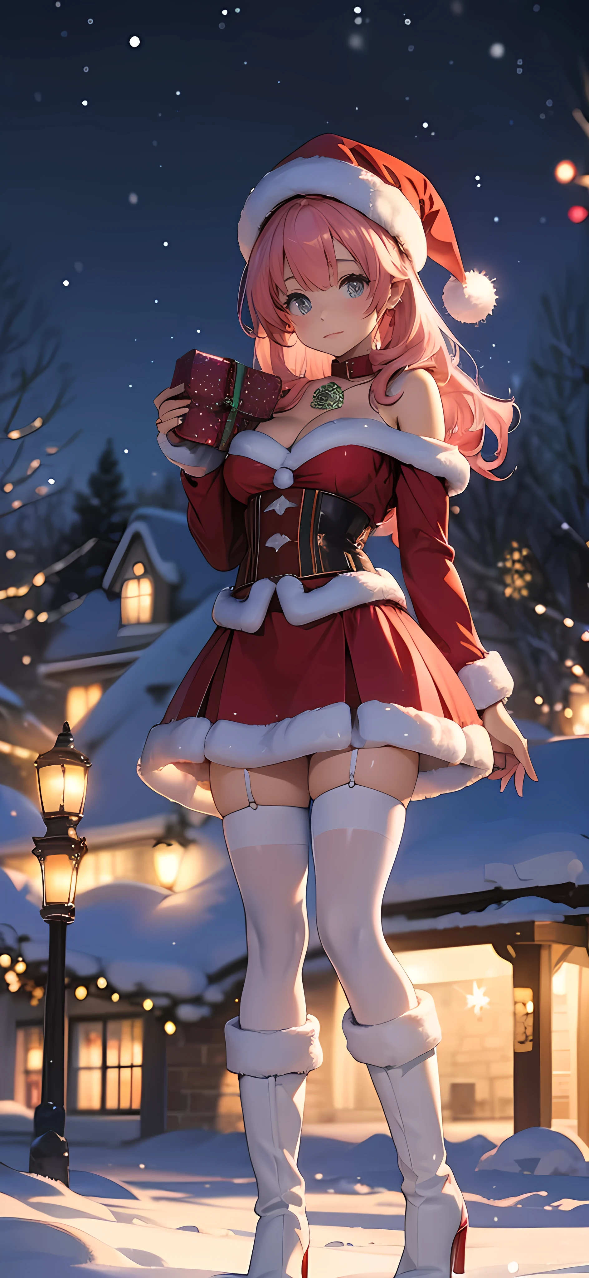 a beautiful young magical girl with medium sized breasts, cleavage, tight red corset, red knee-length shirt with white fluffy hem, red santa hat with small bell at the end and fluffy white rim, white stockings with thigh-high red leather high-heeled boots, pink hair, extremely detailed, photorealistic, 8k, highest quality, intricate magical effects, sparkling christmas lights, beautiful starry night sky, (aurora borealis), snowing, snowflakes in the foreground, christmas, cinematic lighting, magical, festive, vibrant colors, digital art, she is on the right side of the image, (((blurred background))), holding a christmas present.