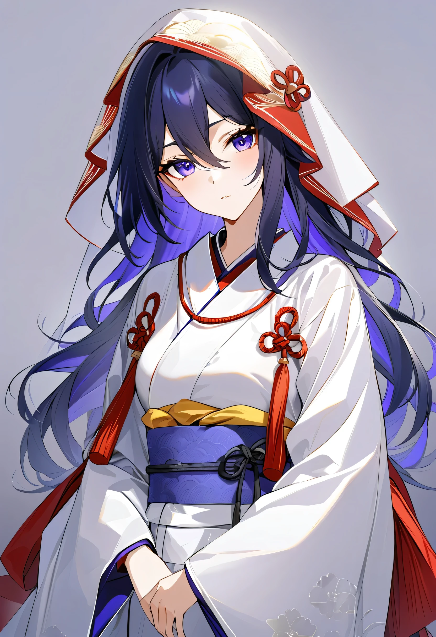 score_9, score_8_up, score_7_up, masterpiece, best quality, absurdres, vibrant, highly detailed, 1girl, adult grown woman, seele \(honkai: star rail\), dark blue hair, long hair, expressionless, head tilt, heavy breathing, traditional_Japanese_bridal_kimono, white_ceremonial_robe, purple_inner_lining, silk_fabric_with_subtle_crane_patterns, hooded_veil, red_decorative_tassels, elegant_knot_accents, long_flowing_sleeves, modest_and_graceful_design, traditional_Japanese_aesthetic, bridal_formality, minimalistic_accessory_style, classic_Japanese_cultural_attire