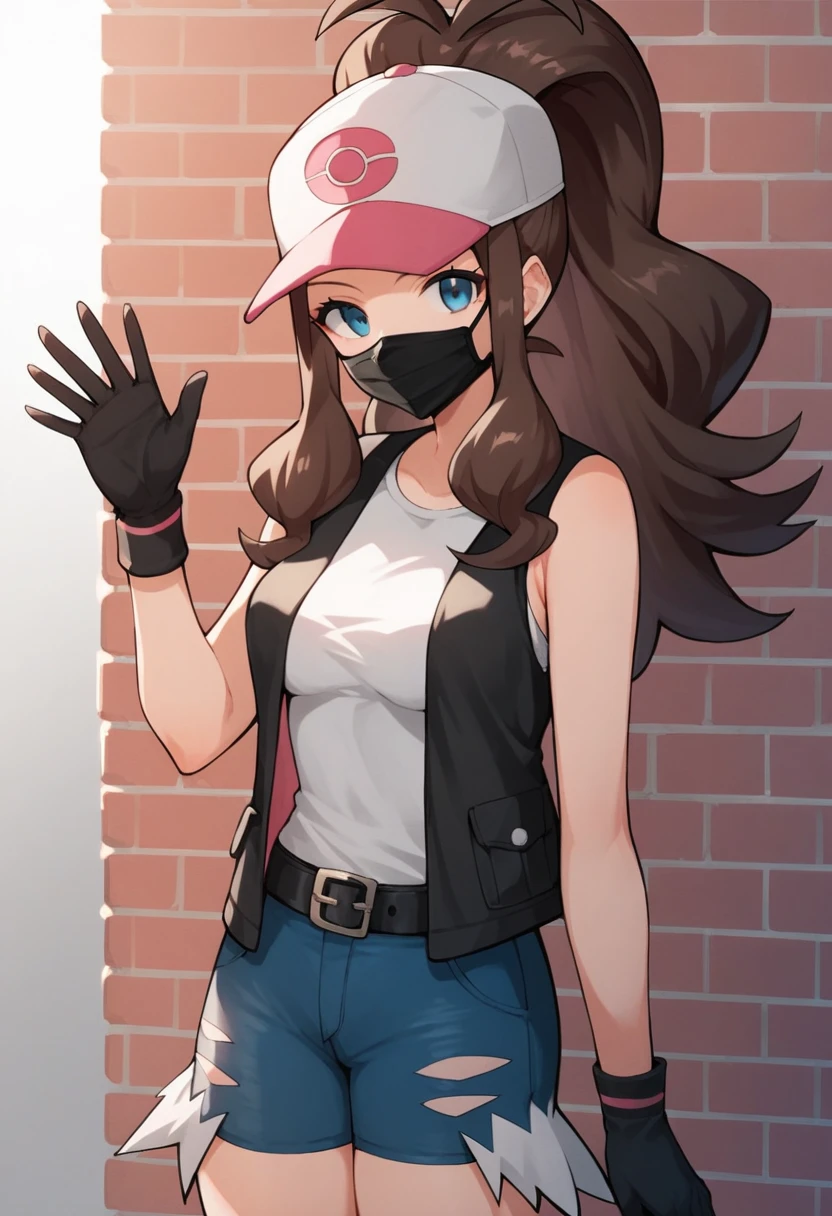 score_9, score_8_up, score_7_up, score_6_up, source_anime, 1girl, solo, ((pmpgrunt)),pokemonhilda, blue eyes, brown hair, long hair, ponytail, black beret, black mouth mask, black vest, grey bodysuit, black belt, black gloves, medium breasts, looking at viewer, (waving hand), empty eyes, mind control, happy trance,seductive smile, legs,cowboy shot,brick wall